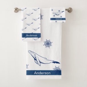 Nautical Bathroom Ocean Navy Blue Whale Bath Towel Set