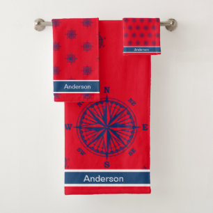Nautical Bathroom Red White Navy Blue Compass Bath Towel Set