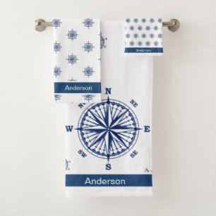 Nautical Bathroom White Navy Blue Compass Bath T Bath Towel Set