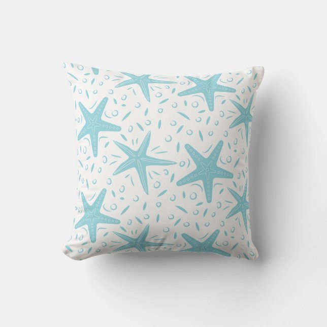 Nautical Beach Aqua Blue Starfish Pattern Cushion (Front)