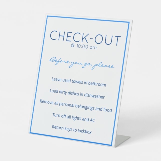 Nautical Beach Blue Guest Check Out Table Sign (Front)