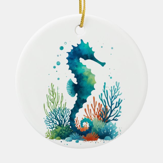 nautical/beach/coastal seahorse art ceramic ornament (Front)