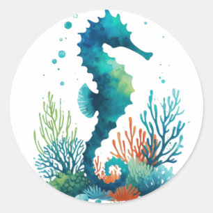nautical/beach/coastal seahorse art classic round sticker