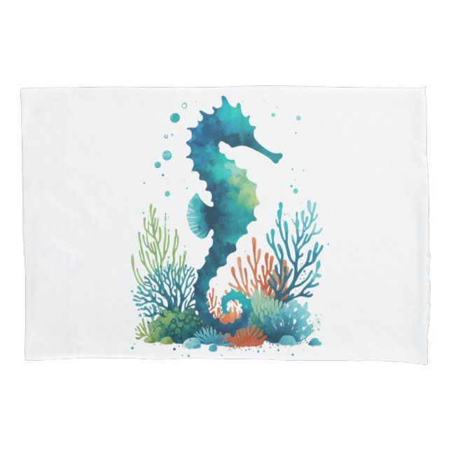 nautical/beach/coastal seahorse art pillowcase (Front)