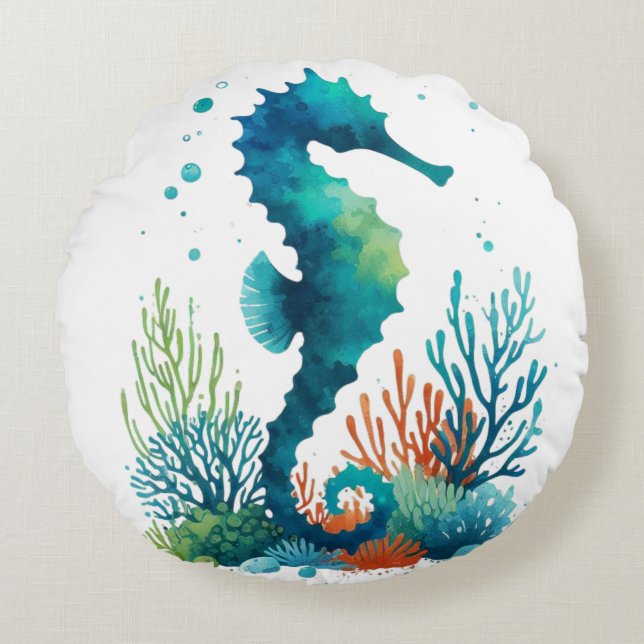 nautical/beach/coastal seahorse art round cushion (Front)
