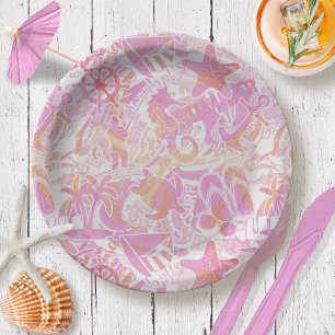 Nautical Beach Collage Hot Pink ID840 Paper Plate