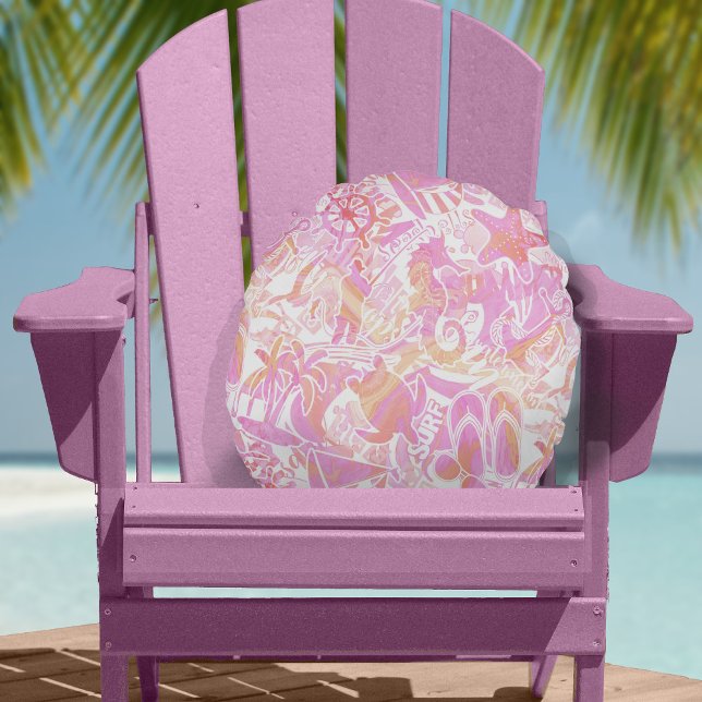 Nautical Beach Collage Hot Pink ID840 Round Cushion (Creator Uploaded)