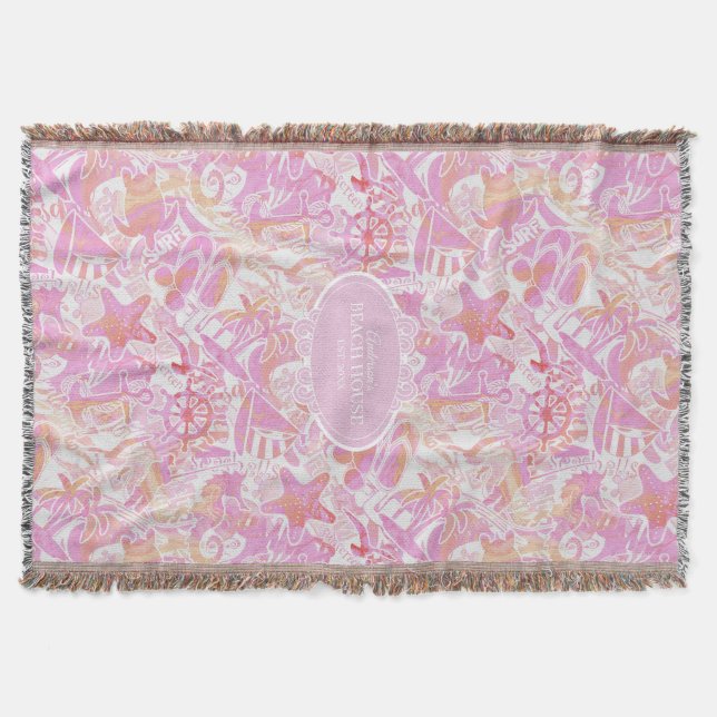 Nautical Beach Collage Hot Pink ID840 Throw Blanket (Front)