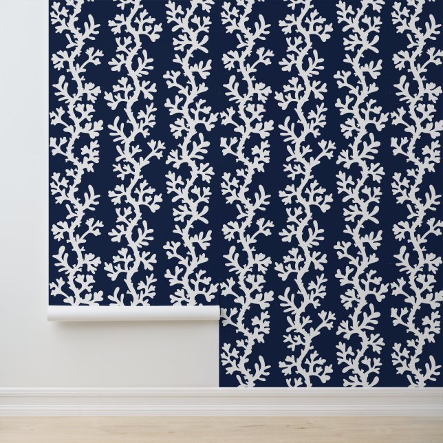 Nautical Beach Coral Reef Navy Blue White Coastal Wallpaper (Application)