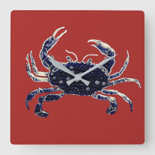 Nautical Beach Crab Navy and Red Wall Clock