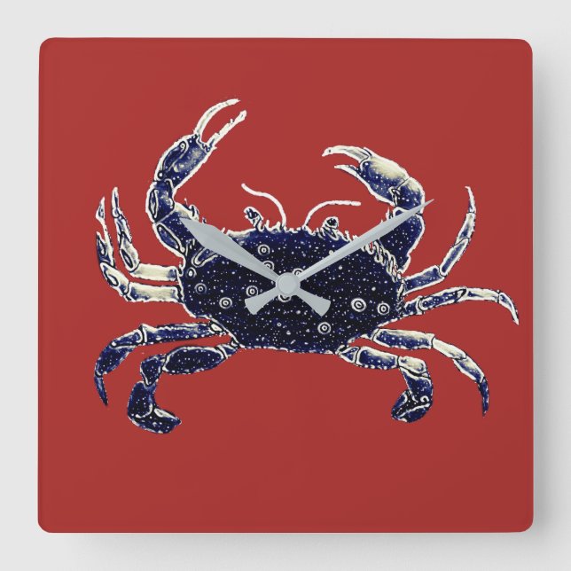 Nautical Beach Crab Navy and Red Wall Clock (Front)