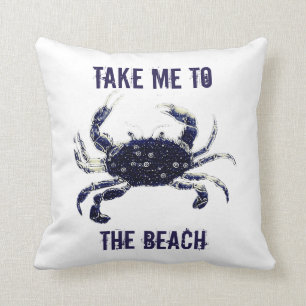 Nautical Beach Crab White Navy Throw Pillow