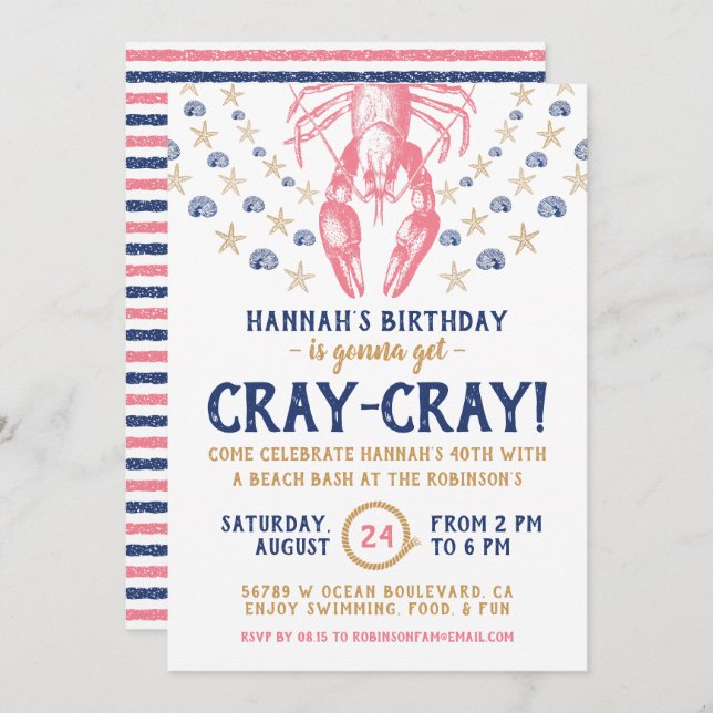 Nautical Beach Crayfish Coral Navy Birthday Party Invitation (Front/Back)