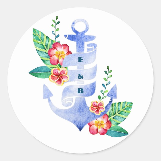 Nautical Beach Floral Blue Anchor Wedding Seal (Front)