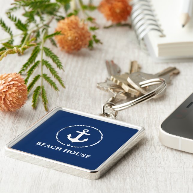 Nautical Beach House Anchor Navy Blue Key Ring (Side)