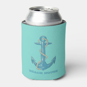 Nautical Beach House,Anchor,Rope,Mint Green   Can Cooler