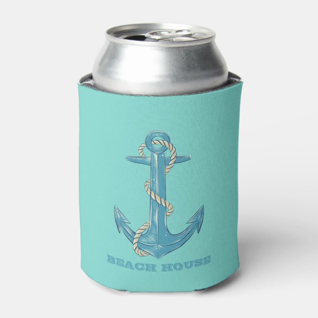 Nautical Beach House,Anchor,Rope,Mint Green   Can Cooler (Can Front)