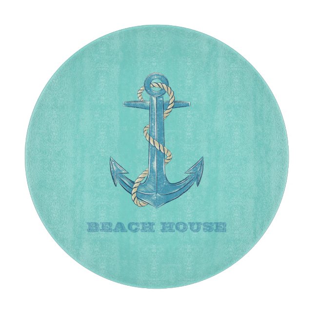 Nautical Beach House,Anchor,Rope,Mint Green Cutting Board (Front)