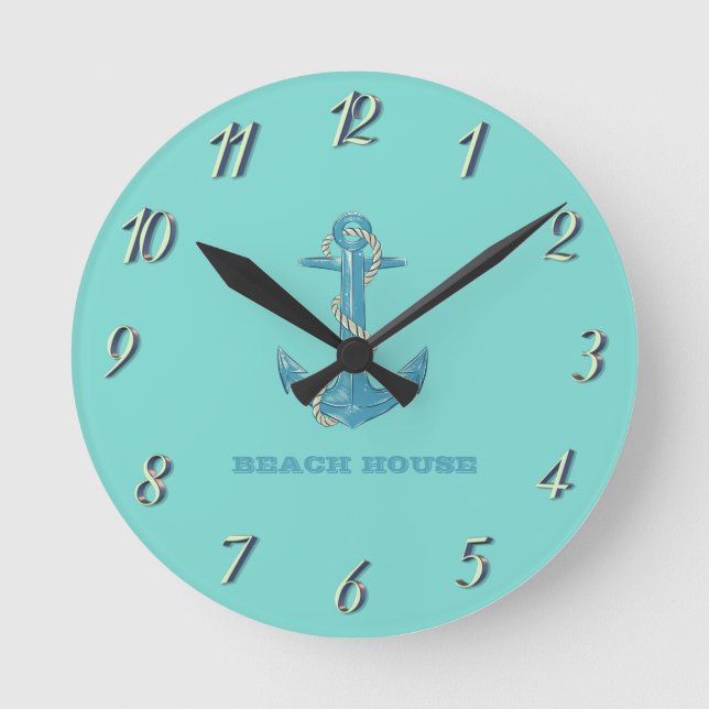 Nautical Beach House,Anchor,Rope,Mint Green  Round Clock (Front)