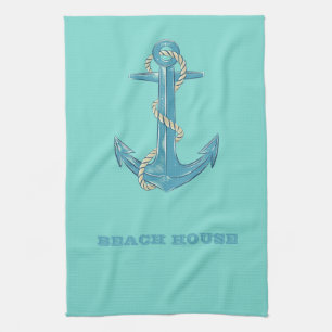 Nautical Beach House,Anchor,Rope,Mint Green  Tea Towel