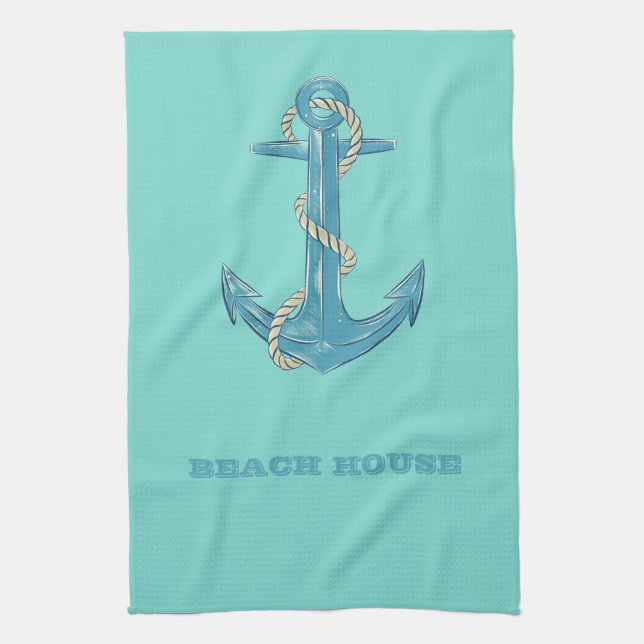 Nautical Beach House,Anchor,Rope,Mint Green  Tea Towel (Vertical)