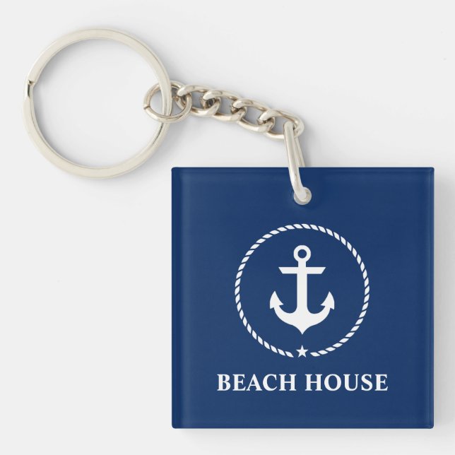 Nautical Beach House Anchor Rope Navy Blue Key Ring (Front)