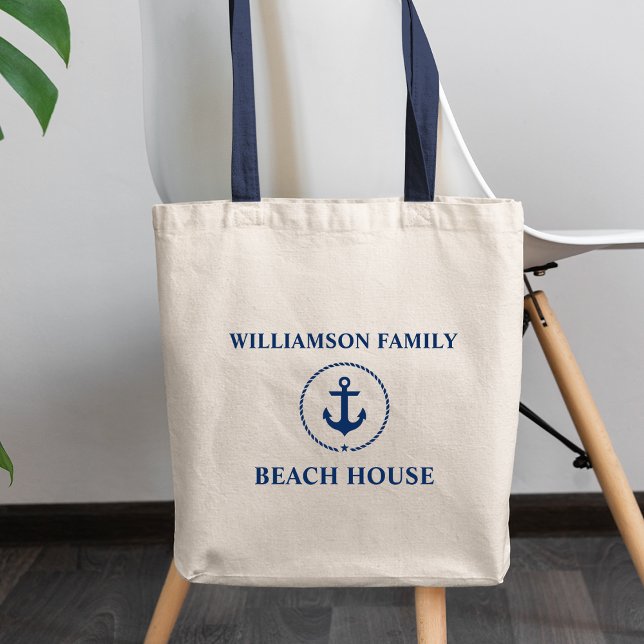 Nautical Beach House Blue Anchor Family Name Tote Bag (Choose from several styles and sizes.)