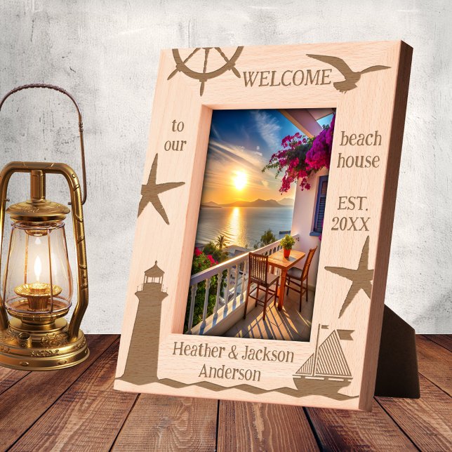 Nautical Beach House Coastal Etched Frames (Beach house etched picture frame featuring a nautical design with sailboat, seagull and lighthouse)