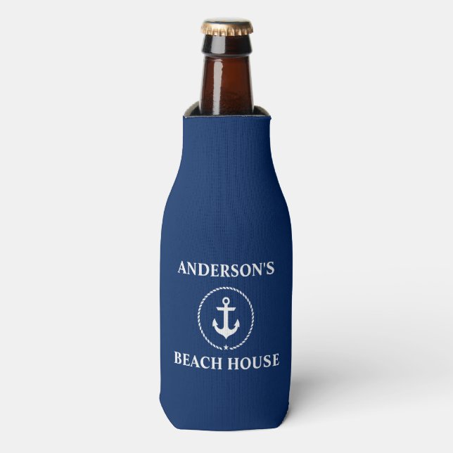 Nautical Beach House Family Name Anchor Blue Bottle Cooler (Bottle Front)