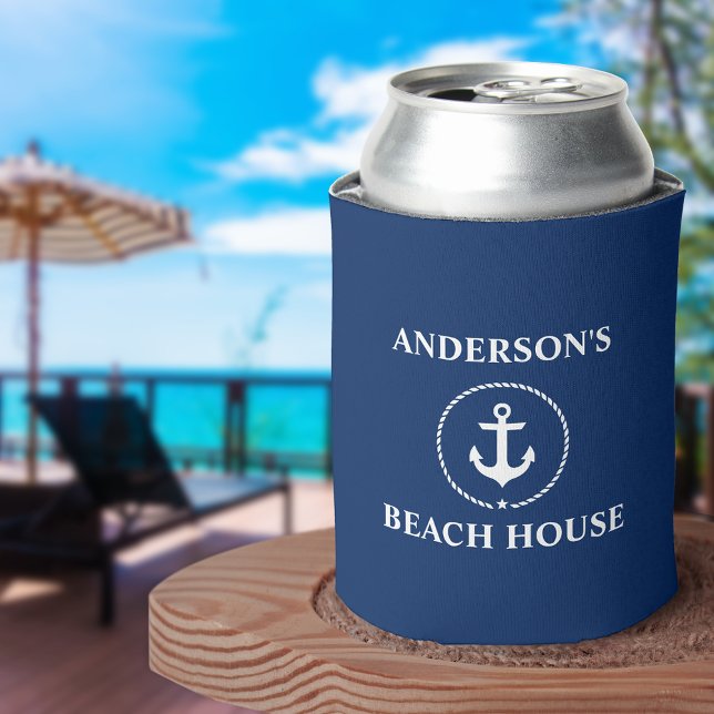 Nautical Beach House Family Name Anchor Blue Can Cooler (Customize to change text size or text style.)