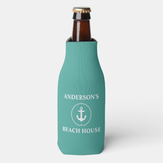 Nautical Beach House Family Name Anchor Bottle Cooler (Bottle Front)