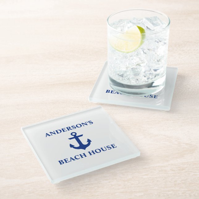 Nautical Beach House Family Name Anchor Glass Coaster (Angled)