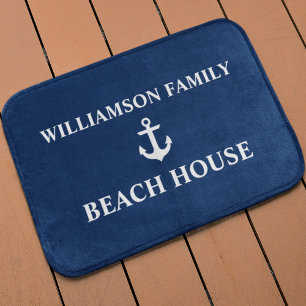 Nautical Beach House Family Name Anchor Navy Blue Bath Mat