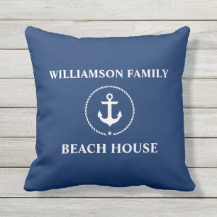 Nautical Beach House Family Name Anchor Navy Blue Cushion