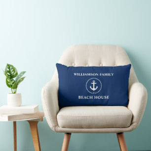 Nautical Beach House Family Name Anchor Navy Blue Lumbar Cushion