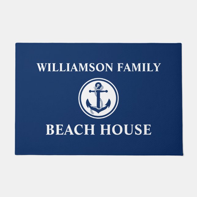 Nautical Beach House Family Name Anchor Rope Blue Doormat (Front)