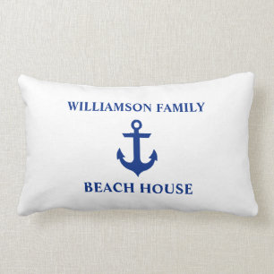 Nautical Beach House Family Name Anchor White Lumbar Cushion