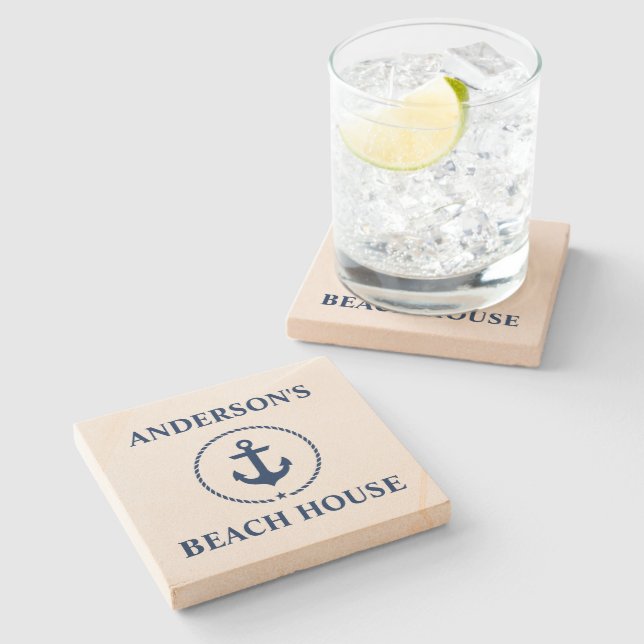Nautical Beach House Family Name Blue Anchor Stone Coaster (Side)