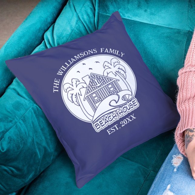 Nautical Beach House Family Name Blue and White Cushion (Creator Uploaded)