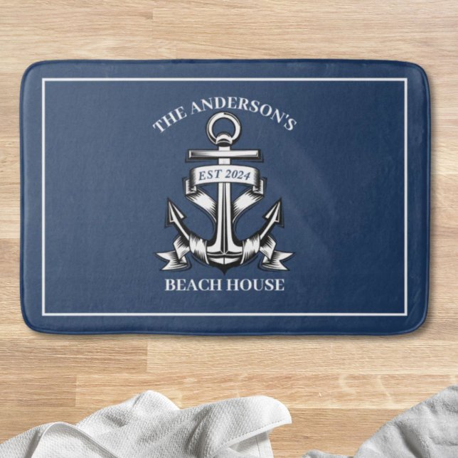Nautical  Beach House Family Name Est Ship Anchor  Bath Mat (Nautical Beach House Family Name Est Ship Anchor Bath Mat)