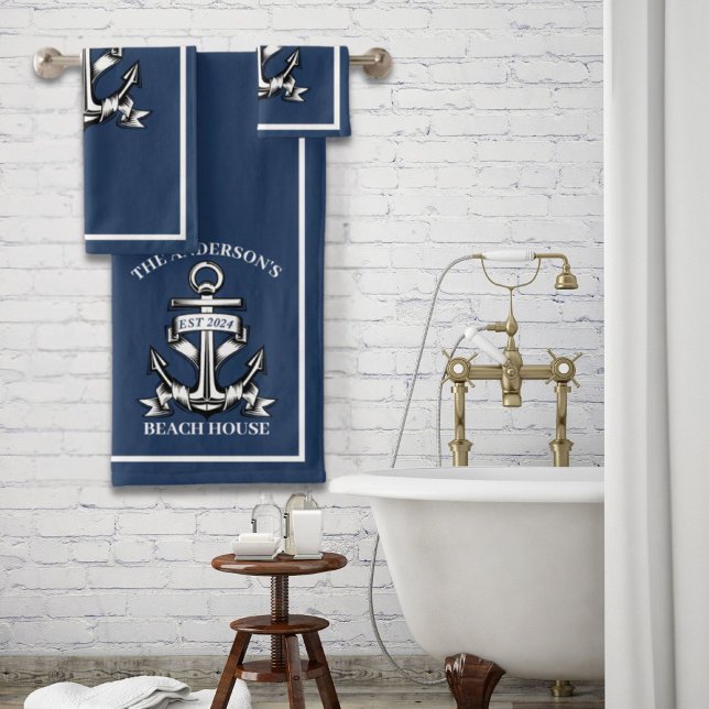 Nautical  Beach House Family Name Est Ship Anchor  Bath Towel Set (Nautical Beach House Family Name Est Ship Anchor Bath Towel Set)