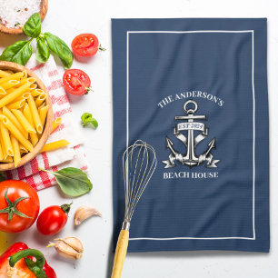 Nautical  Beach House Family Name Est Ship Anchor  Tea Towel
