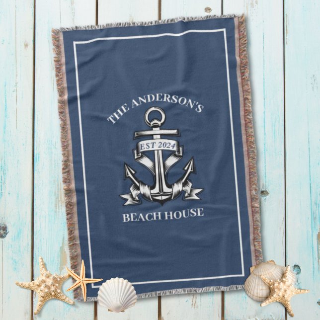 Nautical  Beach House Family Name Est Ship Anchor  Throw Blanket (Nautical Beach House Family Name Est Ship Anchor Throw Blanket)