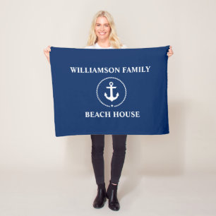 Nautical Beach House Family Name Navy Blue Fleece Blanket