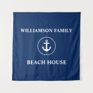 Nautical Beach House Family Name Navy Blue Square Tapestry