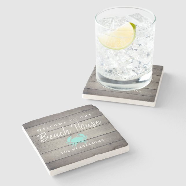 Nautical Beach House Rustic Crab Personalised Stone Coaster (Side)