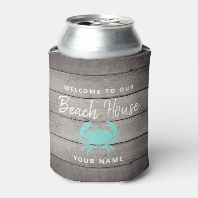 Nautical Beach House Rustic Teal Crab Personalised Can Cooler (Can Front)