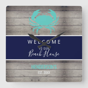 Nautical Beach House Rustic Wood Family Custom Square Wall Clock