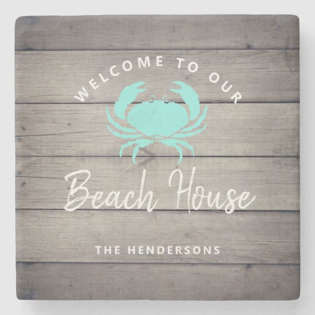 Nautical Beach House Teal Crab Personalised Stone Coaster (Front)
