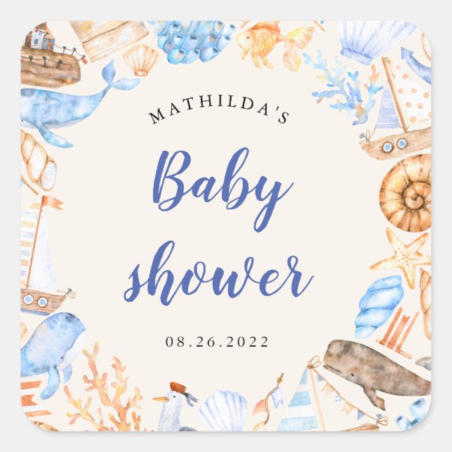 nautical beach illustrations baby shower square st sticker (Front)